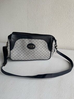 Vintage Gucci Micro GG Monogram Coated Canvas Navy Blue Leather Crossbody Bag